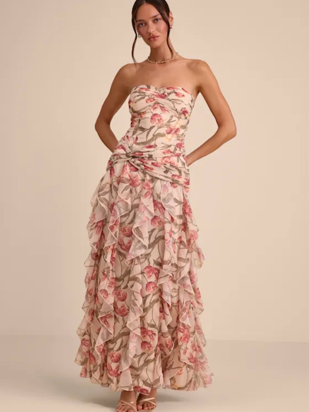 Lulus Danna Cream Multi Floral Ruffled Maxi Dress NWT S